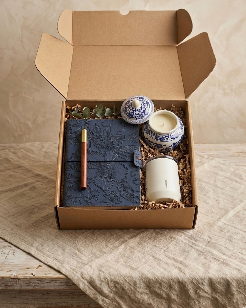 Luxury navy gift box showcasing a navy floral embossed journal, wooden pen, and blue & white chinoiserie candle.