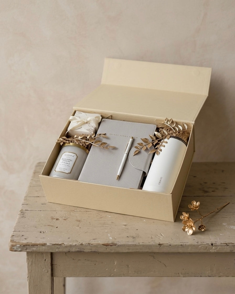 The Ivory Ambition Box, a luxury gift box UAE featuring candle, notebook, pen, and tumbler.