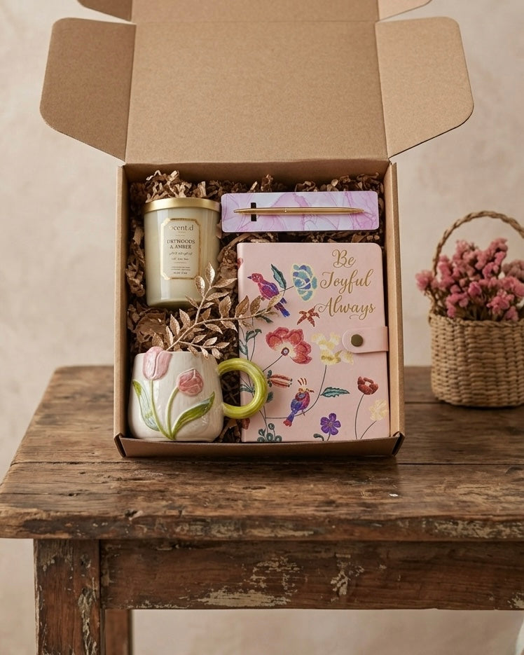 Joyful gift box for her containing a journal, candle, mug, and pen in an eco-friendly kraft box.