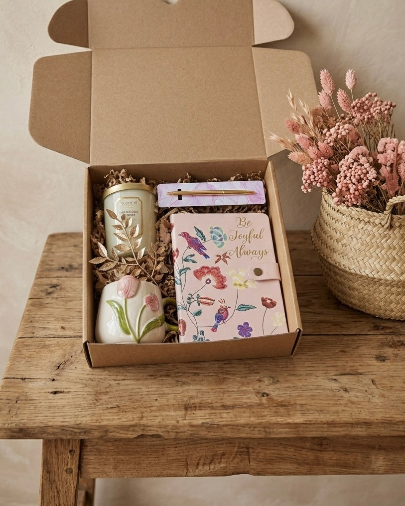 joyful gift box for her featuring a journal, candle, mug, and pen in an eco-friendly kraft box.
