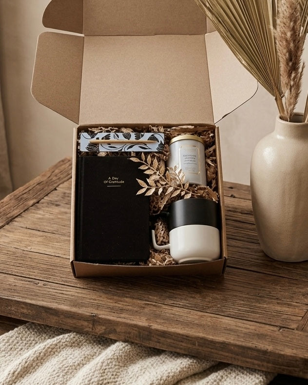 The Modern Gratitude Box containing a gratitude journal, pen, candle, and mug in an eco-friendly kraft box.