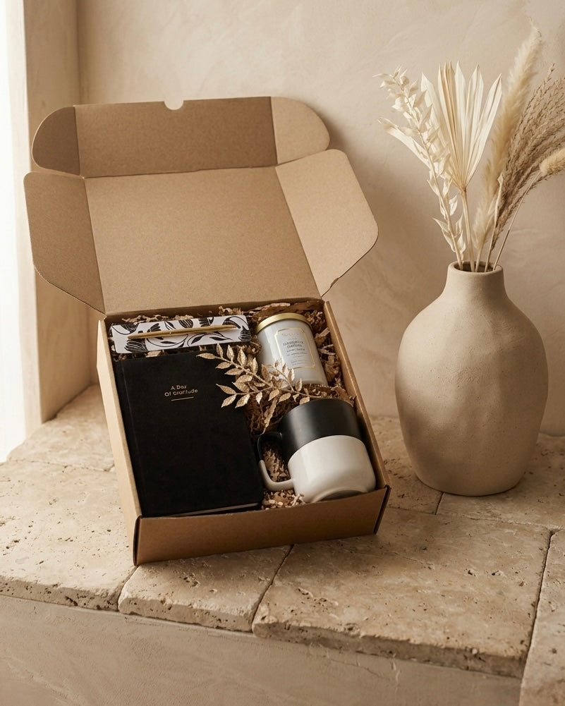 The Modern Gratitude Box featuring a journal, candle, and mug in eco-friendly kraft packaging.