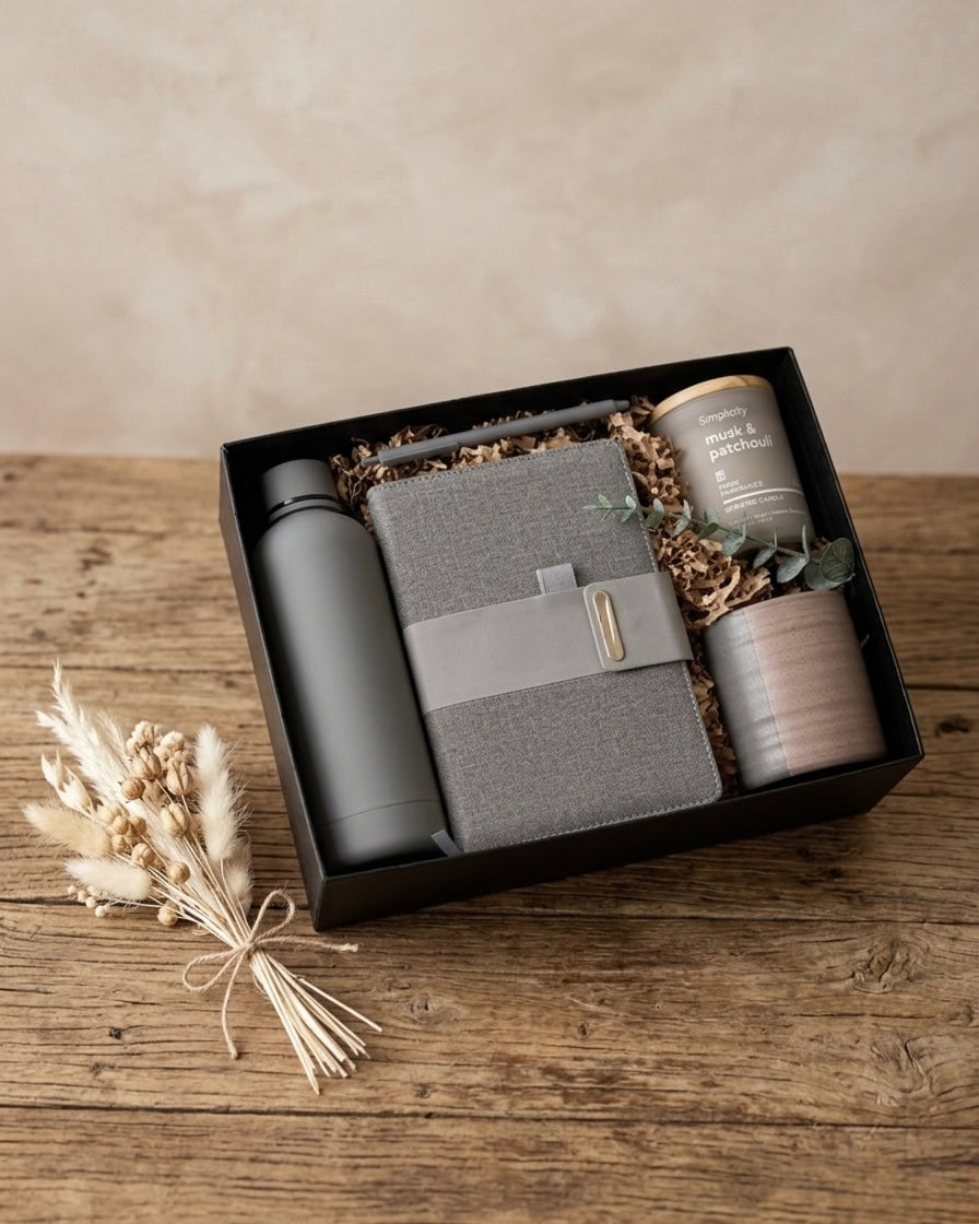 The Muted Luxe Box featuring insulated bottle, matte notebook, candle, mug, and pen, a perfect minimalist luxury gift box.