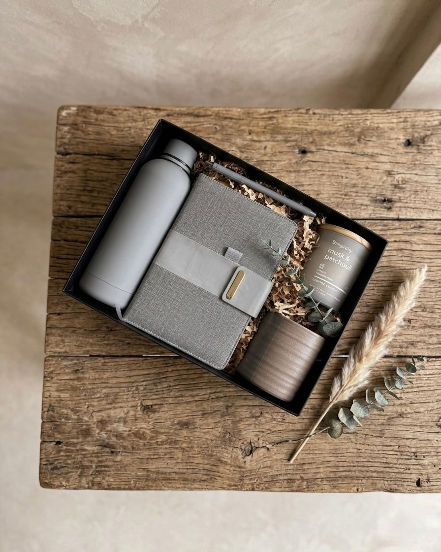 The Muted Luxe Box featuring insulated thermal bottle, linen notebook, candle, mug, and pen, a perfect minimalist luxury gift box.