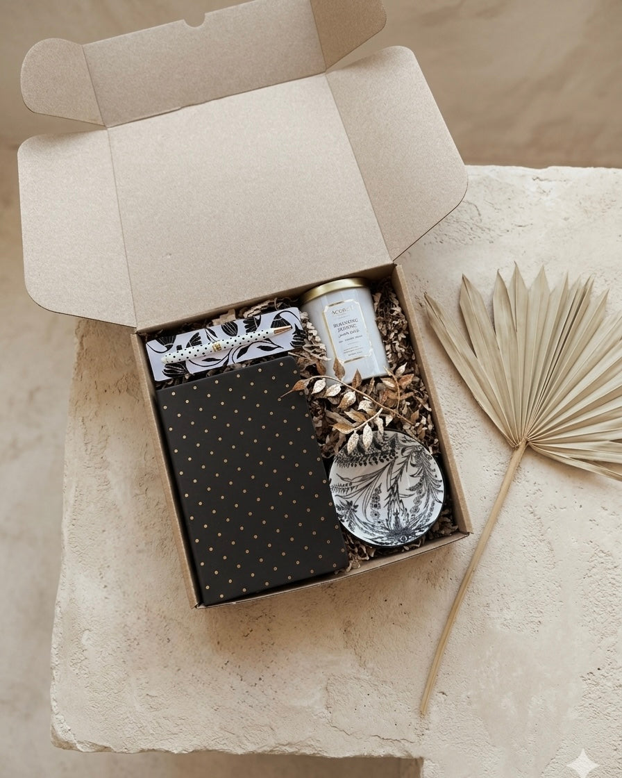 Polka Dot Elegance gift box featuring a gold dot notebook, metallic pen, candle, and ceramic mug in eco-friendly packaging.