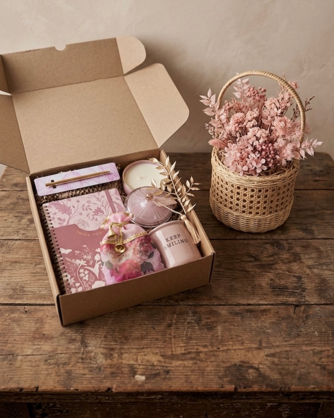 The Positivity Ritual Box containing a floral journal, scented candle, mug, and eco-friendly packaging.