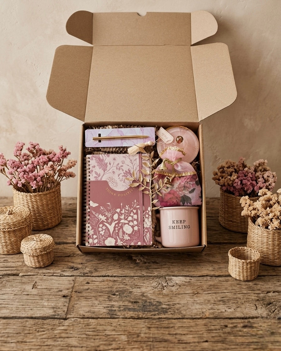 The Positivity Ritual Box featuring floral journal, candle, and mug in eco-friendly gift packaging.