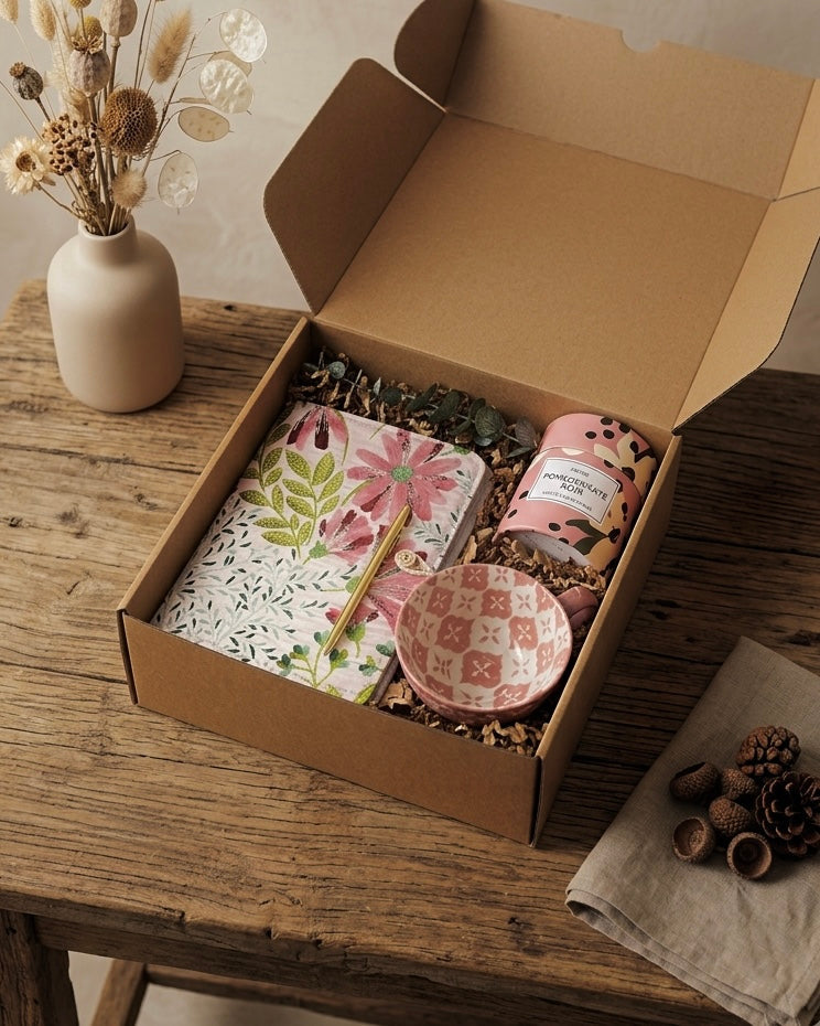 The Rosé Petal Box featuring a floral journal, pink mug, and candle in an eco-friendly kraft box.