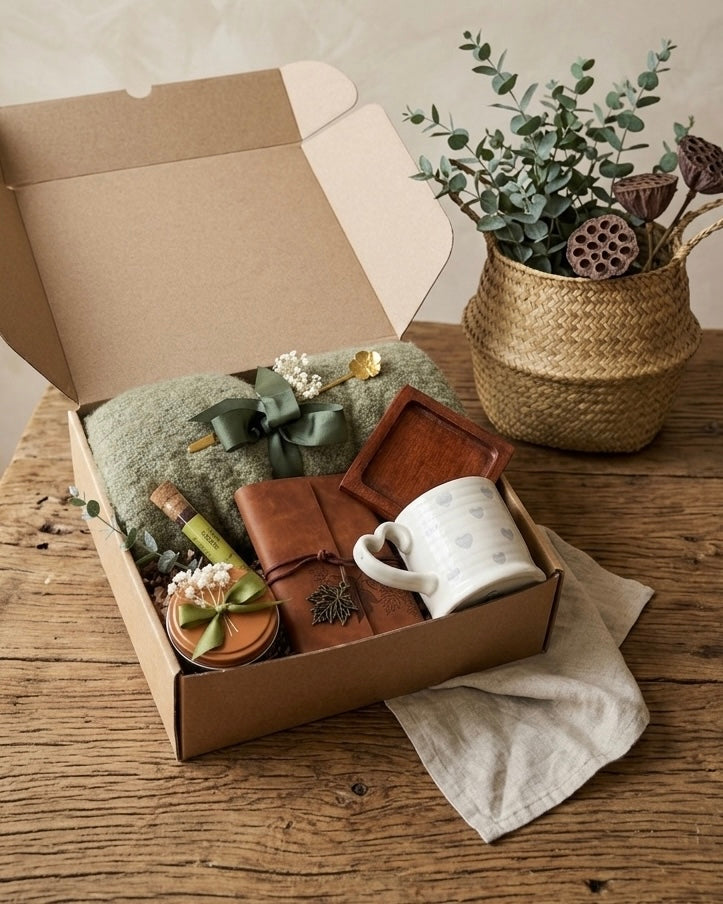 The Sage & Soul Box featuring a soft sage green throw blanket, candle, journal, mug, and more in eco-friendly packaging.