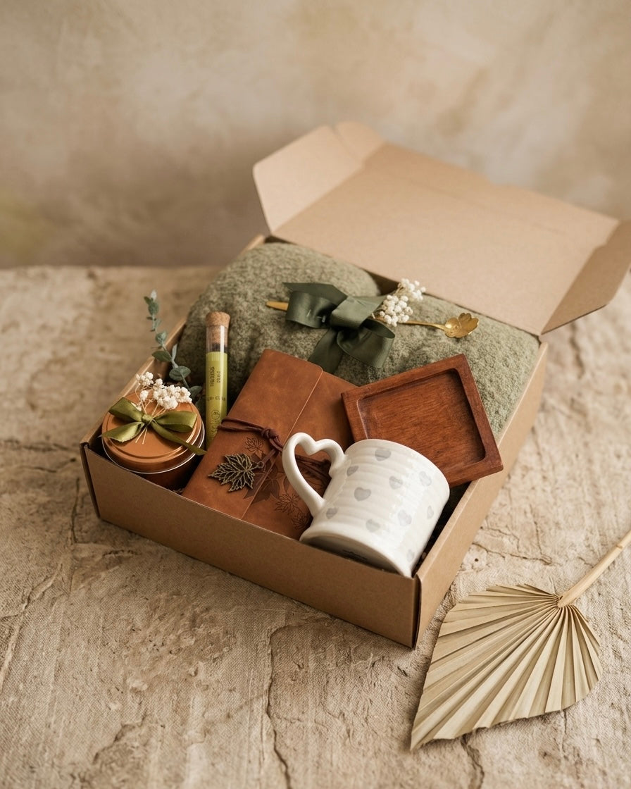 The Sage & Soul Box containing a sage green throw blanket, candle, journal, mug, and more.
