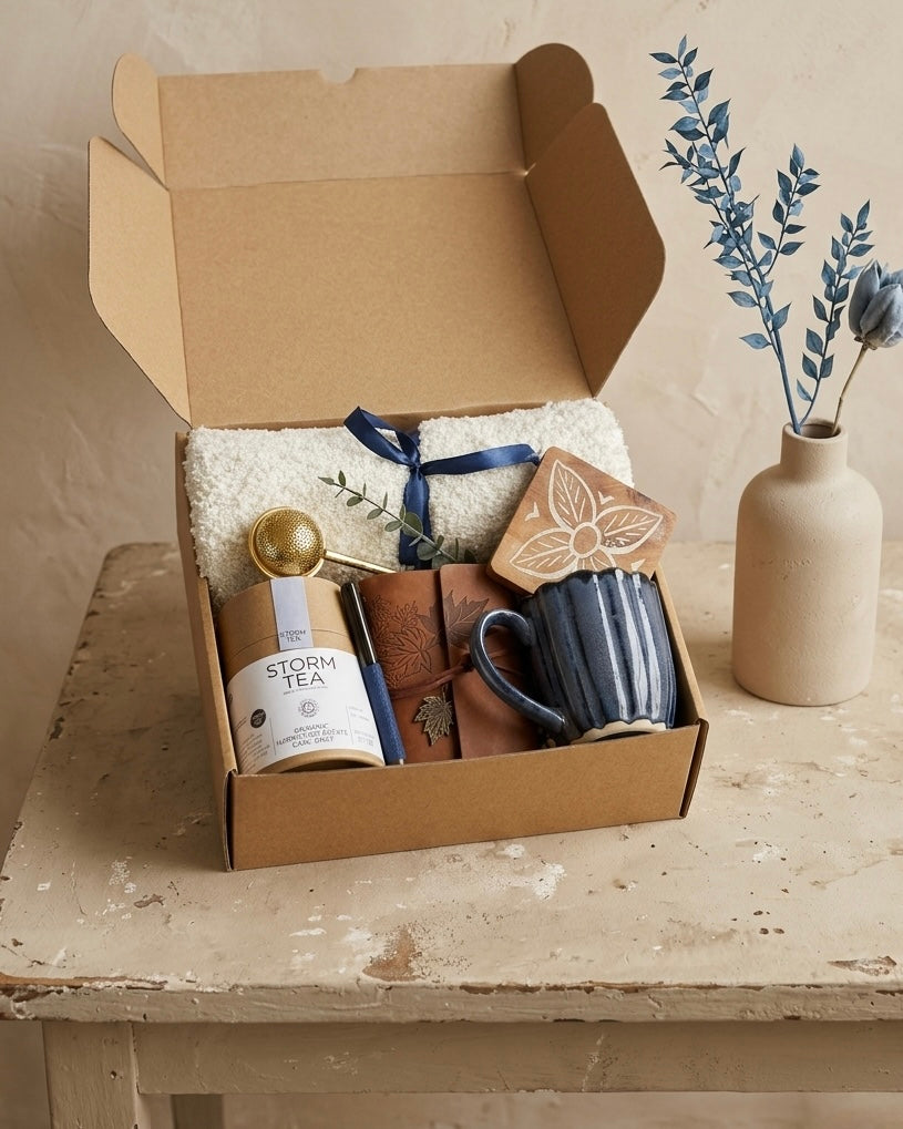 Premium organic Earl Grey Tea gift set in a kraft box, mindful tea gift set UAE, featuring mug, coaster, and cozy blanket.