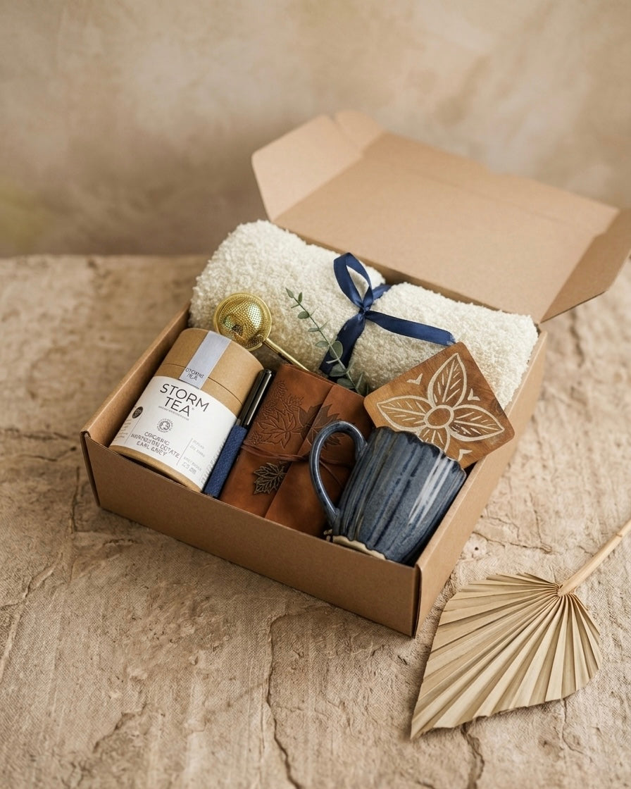 The Slow Morning Box featuring premium organic Earl Grey tea, mindful tea gift set UAE, and accessories in kraft packaging.