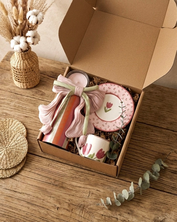 Tulip gift set featuring a vintage rose tin, pink tulip cup, saucer, scented candle, and hair clip in eco-friendly box.