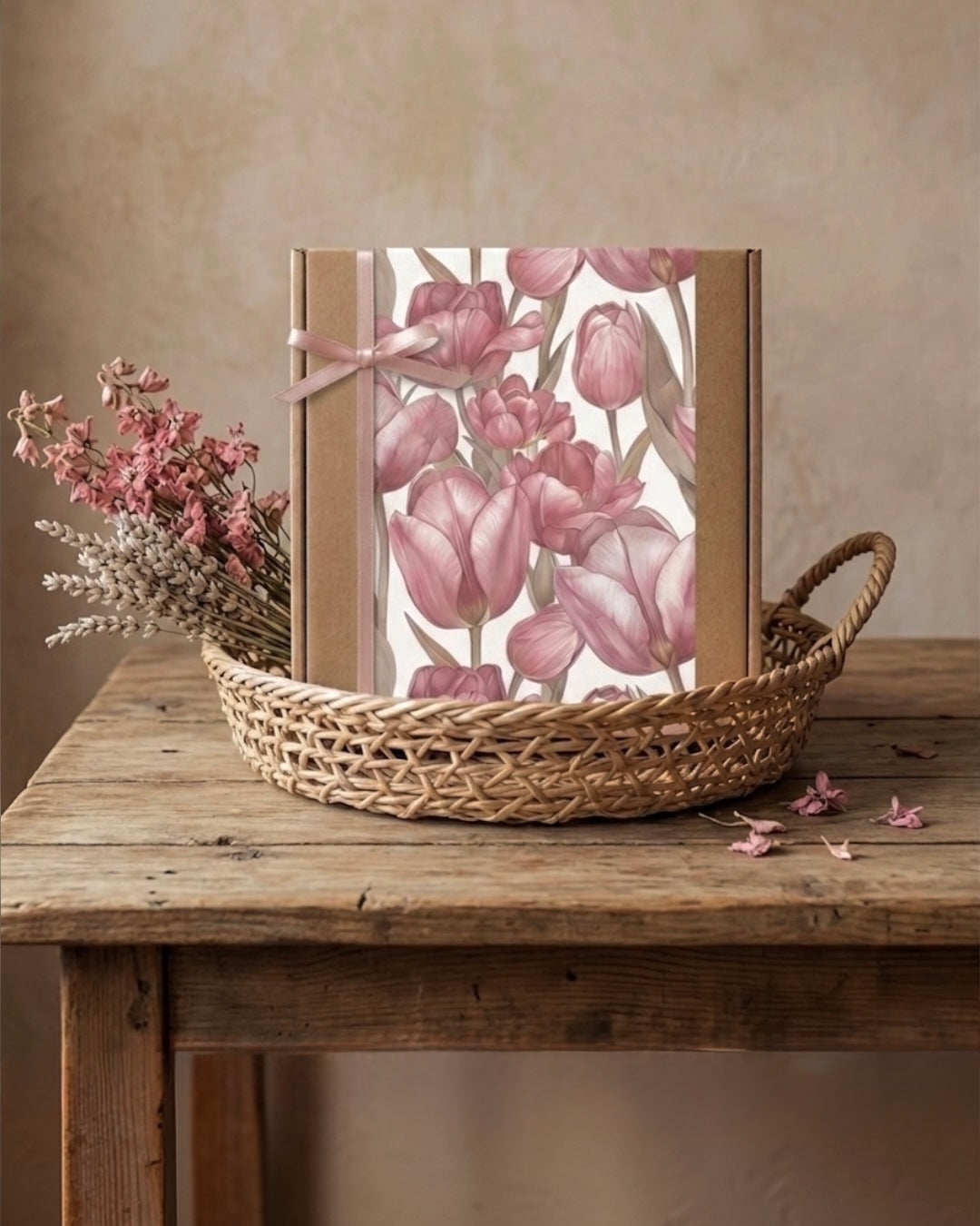 Tulip gift set in a vintage rose tin, presented in a woven basket with dried flowers on a rustic wooden table.