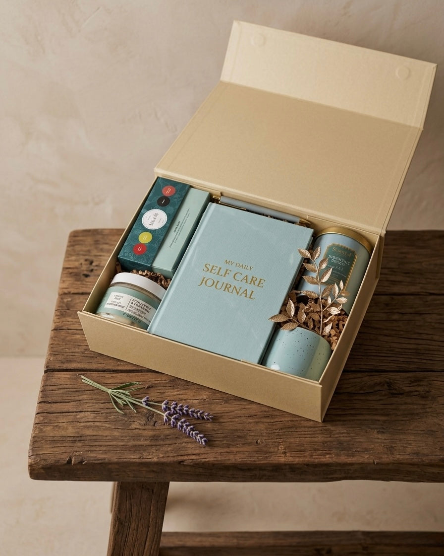The Turquoise Serenity Box, a self care gift box with a journal, candles, tea, and body scrub.