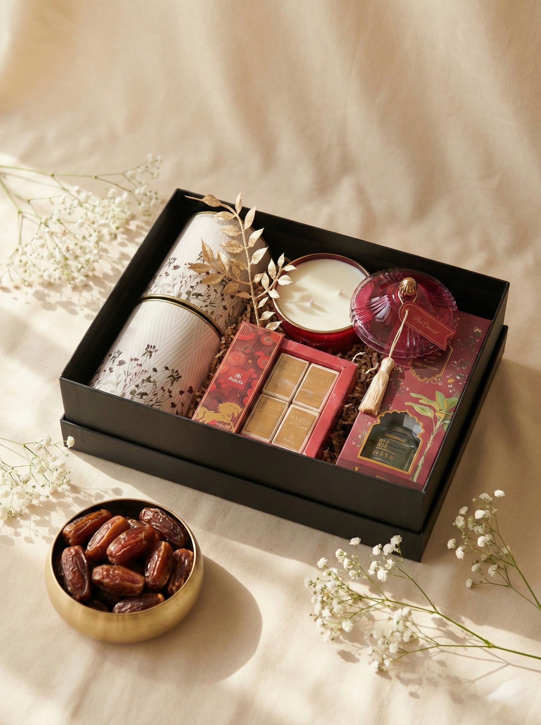 The Velvet Moon Box featuring scented candle, dates, and mixed nuts in an elegant arrangement.