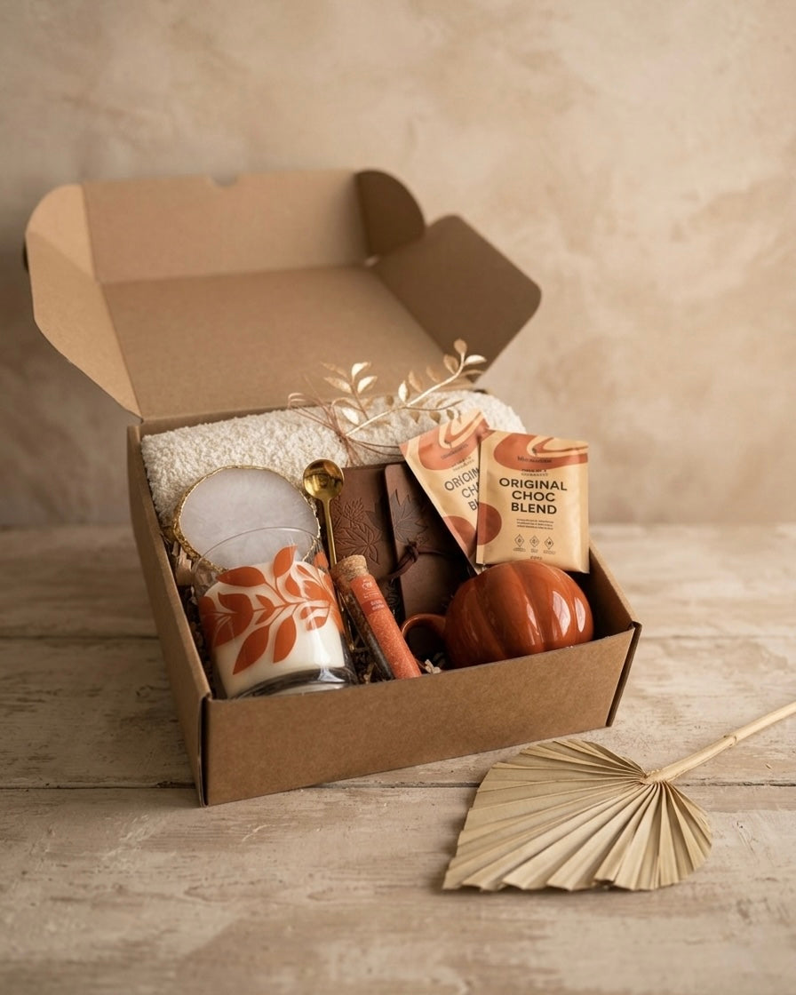 Luxury gift hamper UAE featuring a scented candle, journal, mug, coasters, throw blanket, and herbal tea.