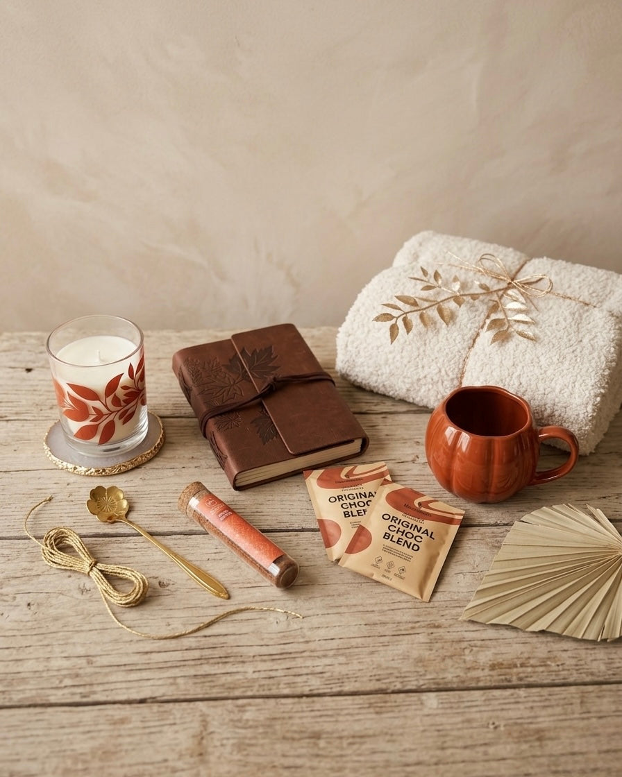 Luxury gift hamper UAE featuring scented candle, journal, knit blanket, and herbal tea.