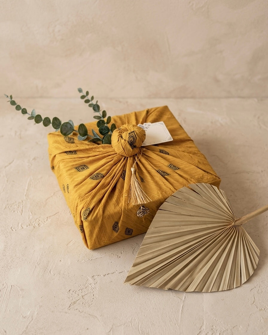 Eco-friendly wrapped gift with mustard fabric and greenery, perfect for a self-care gift box for her.