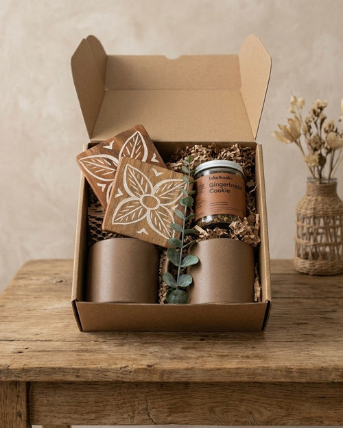 Warm Earth Gift Box filled with eco friendly gift box for her, including mugs, coasters, and premium gingerbread cookie tea.